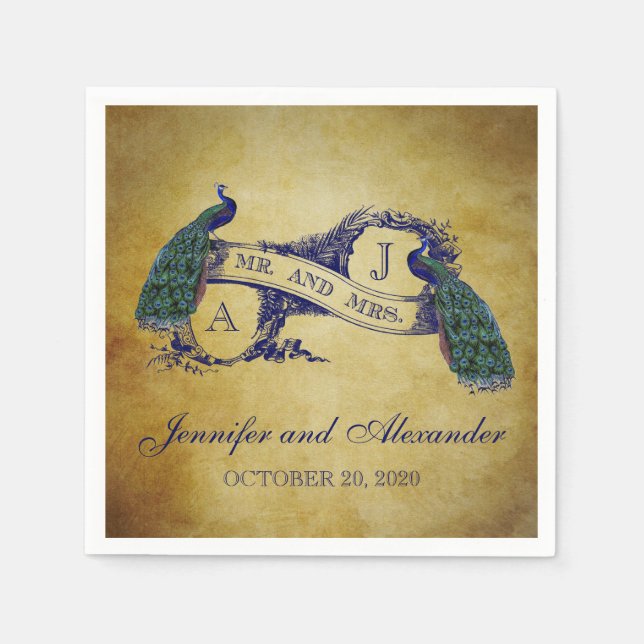 Peacock Rustic Wedding Paper Napkins (Front)