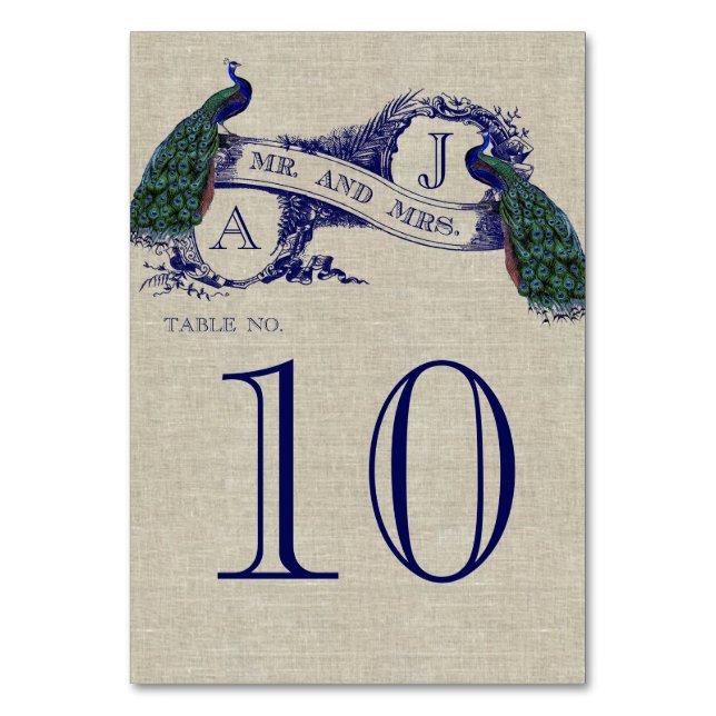Peacock Rustic Wedding Table Number Card (Front)