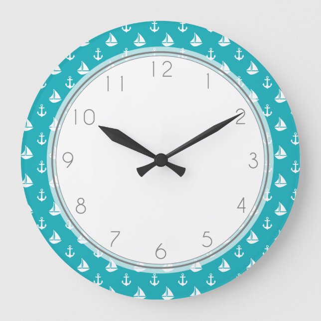 Peacock Sailboats and Anchors Pattern Large Clock (Front)