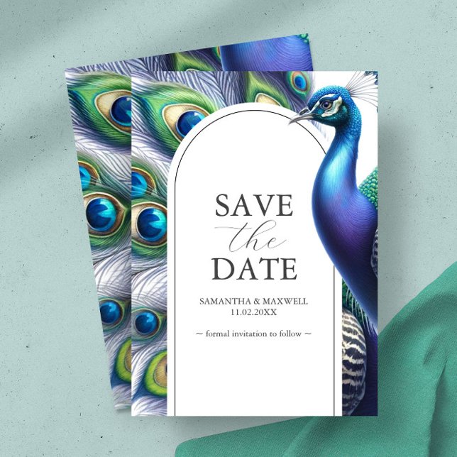 Peacock Save The Date Wedding Announcements (Save the date invitation card features peacock in shades of blue, green and purple)