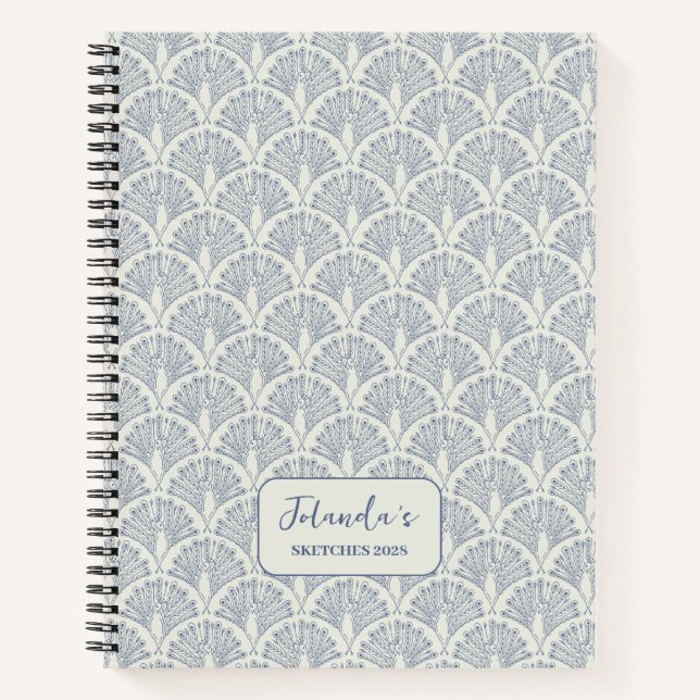 Peacock Scallop Pattern Blue White Personalised Notebook (Front)