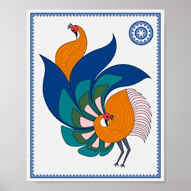 Peacock Serenity: Modern Madhubani Art Poster (Front)