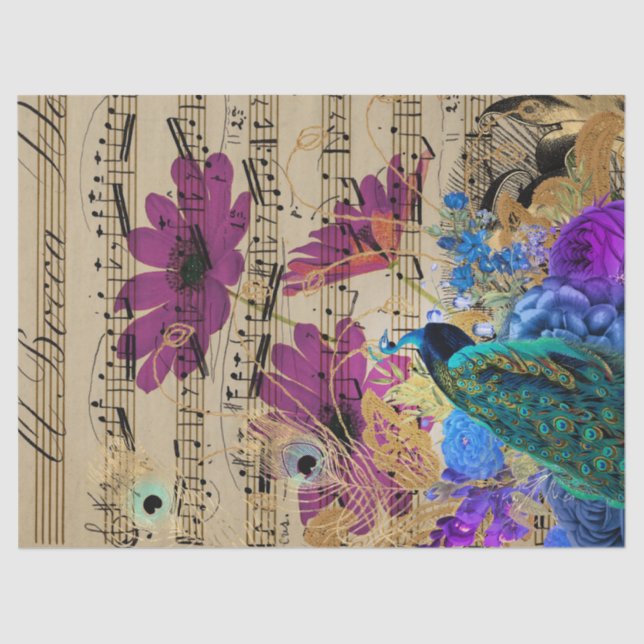 Peacock, Sheet Music, and Flowers Decoupage Paper (Front)