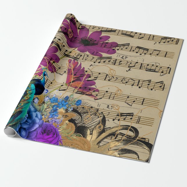 Peacock, Sheet Music, and Flowers Wrapping Paper (Unrolled)