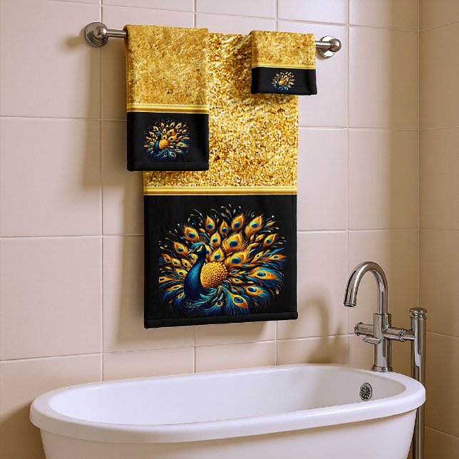 Peacock Showcasing Blue and Yellow Plumage Bath Towel Set (Creator Uploaded)