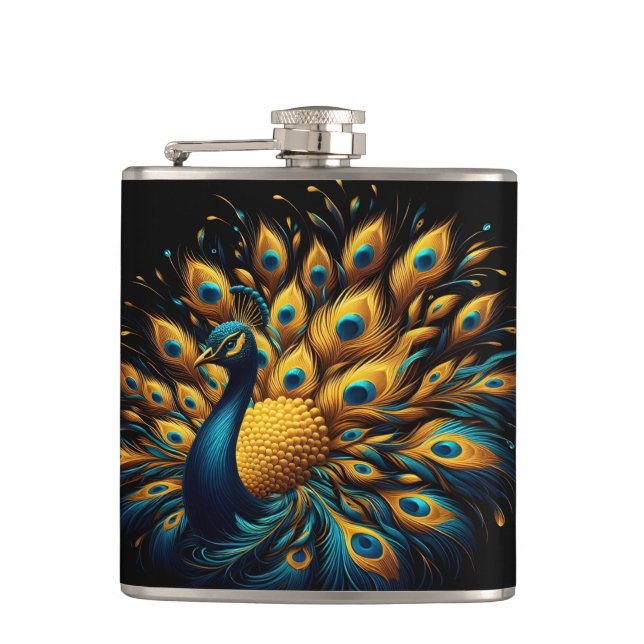 Peacock Showcasing Blue and Yellow Plumage Hip Flask (Front)
