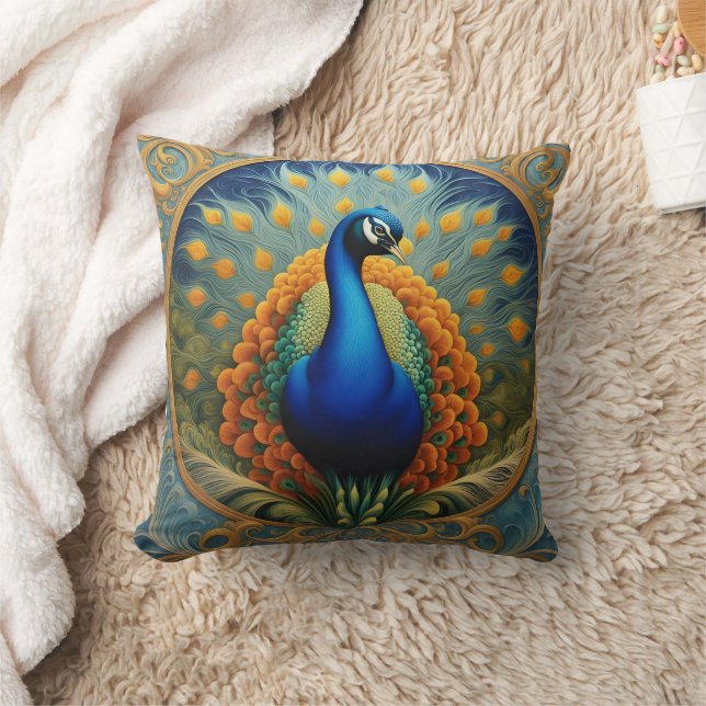Peacock Showcasing Bright Feathers Cushion (Blanket)
