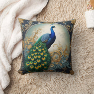 Peacock Showcasing Floral Feathers Cushion