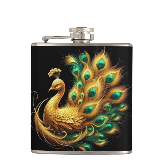 Peacock Showcasing Green and Yellow Plumage Hip Flask (Front)
