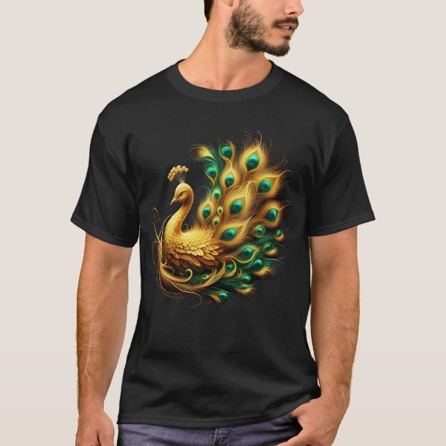 Peacock Showcasing Green and Yellow Plumage T-Shirt (Front)