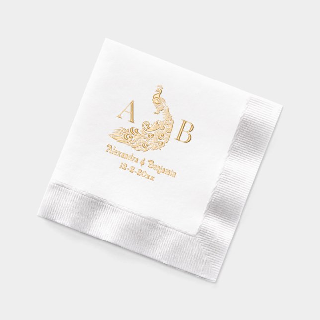 Peacock Silhouette #4 Couple 2 Init Monogram Names Foil Napkins (Left)