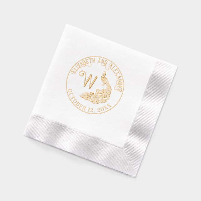 Peacock Silhouette #4F Couple Name Single Initial Foil Napkins (Left)