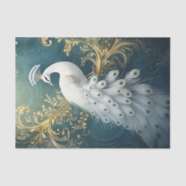 Peacock Sitting Pretty, White Feather Cascade Tissue Paper (Front)