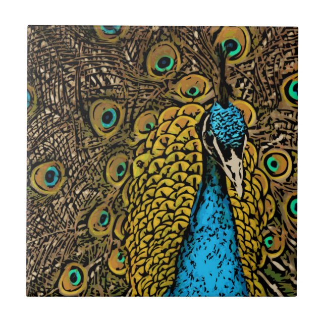 Peacock Splendour Illustration Ceramic Tile (Front)