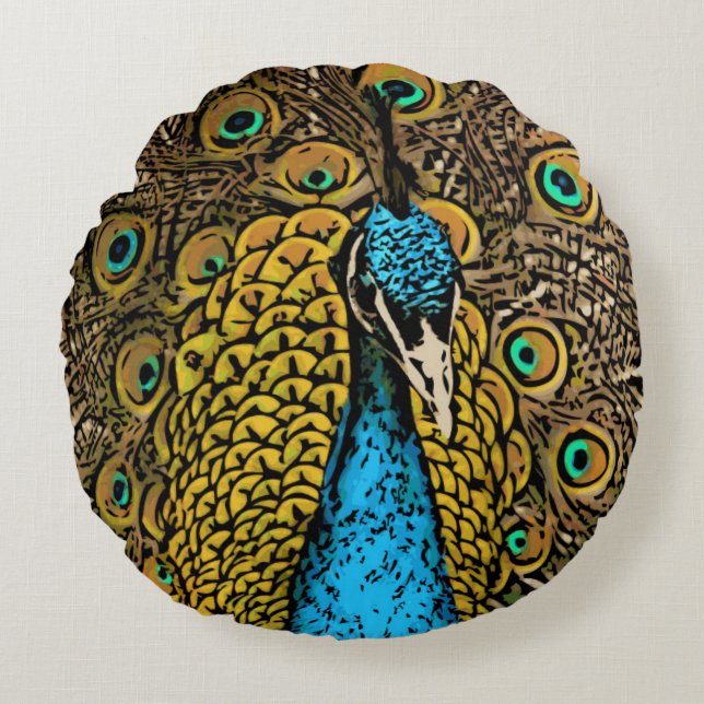 Peacock Splendour Illustration Round Cushion (Front)