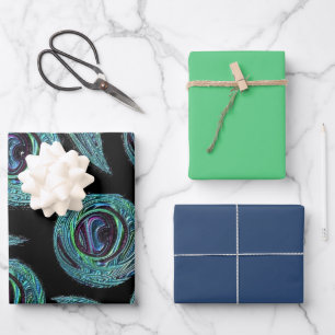 Peacock Spots Black Faux Leather Design Wrapping Paper Sheet