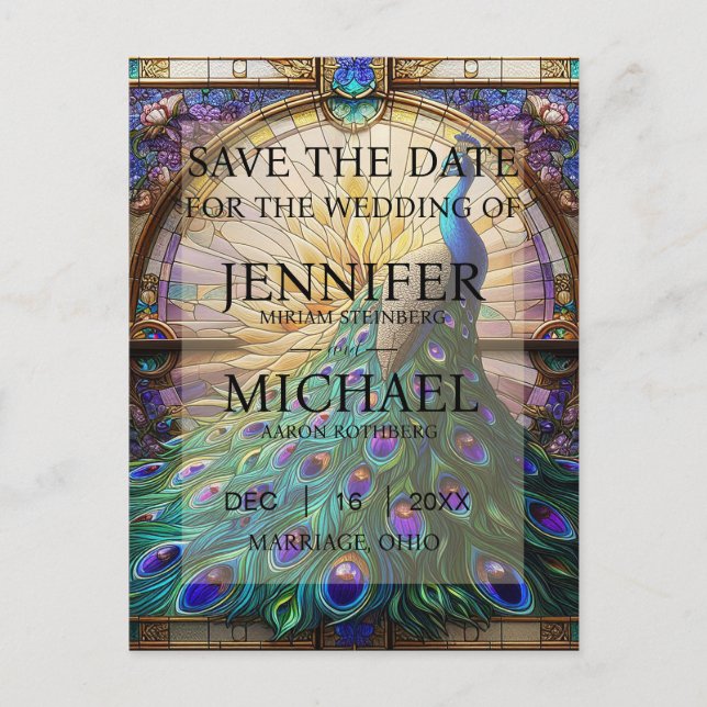 Peacock Stained Glass Save the Date Cards (Front)