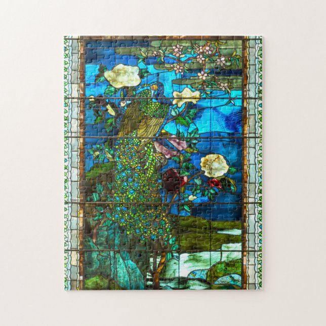 Peacock stained glass window jigsaw puzzle (Vertical)
