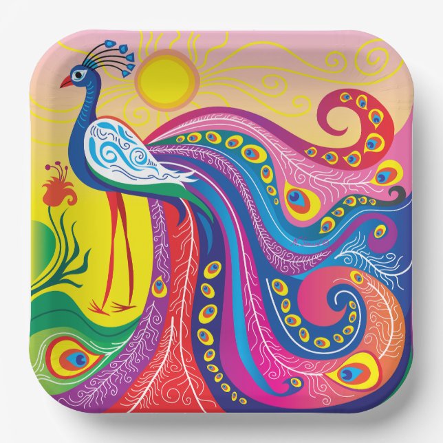 Peacock Sunrise Paper Plate (Front)