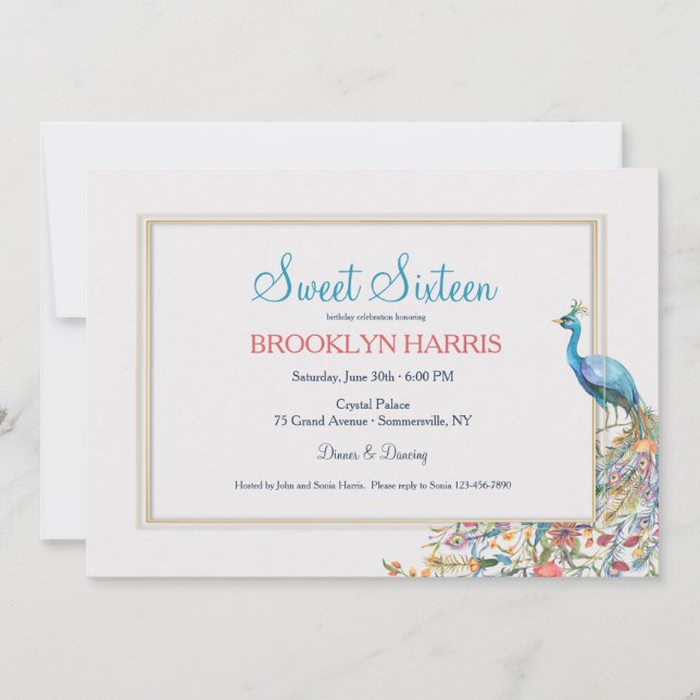 Peacock Sweet Sixteen Birthday Party Invitation (Front)