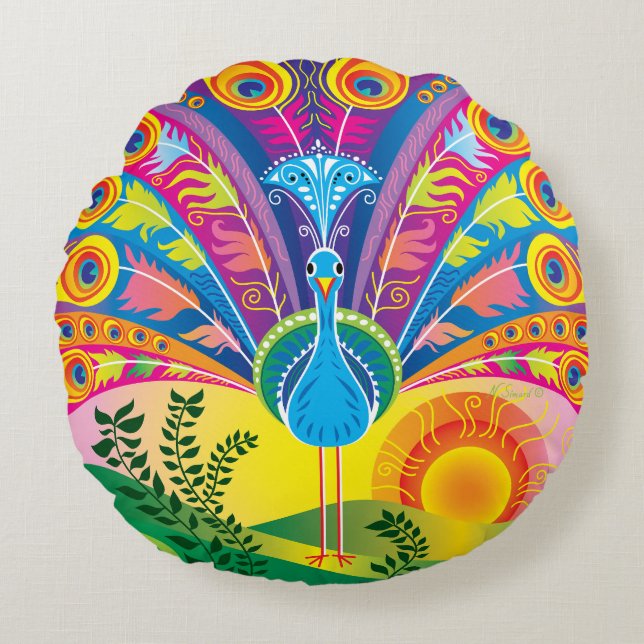 Peacock Tail Radiance Round Cushion (Front)