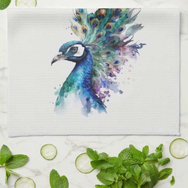 Peacock Tea Towel, Peacock Feathers, Wild Bird Tea Towel (Folded)