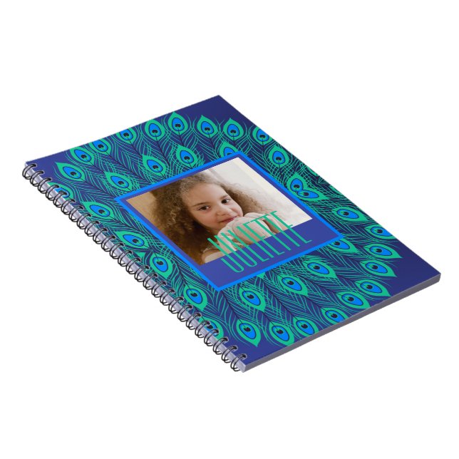 Peacock Teal & Blue Feathers Custom Text & Photo   Notebook (Right Side)