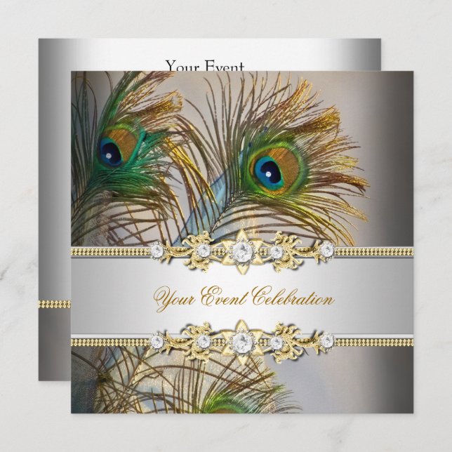 Peacock Teal Blue Gold Elegant Party Invitation (Front/Back)