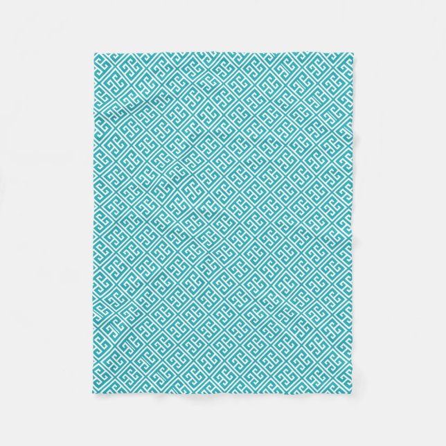 Peacock Teal Greek Key Pattern Fleece Blanket (Front)