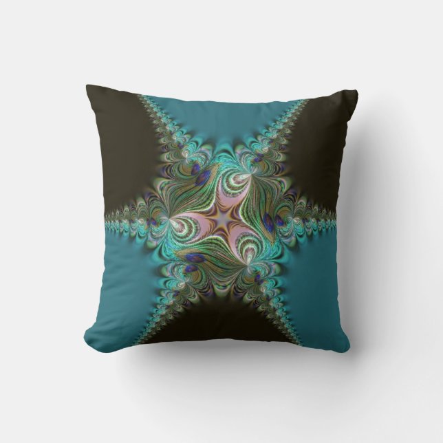 Peacock Teal+Green Fractal Twist Cushion (Front)
