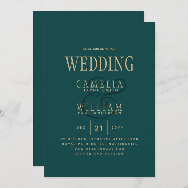 Peacock TEAL Green Gold Monochrome Wedding Invitat Invitation (Front/Back)