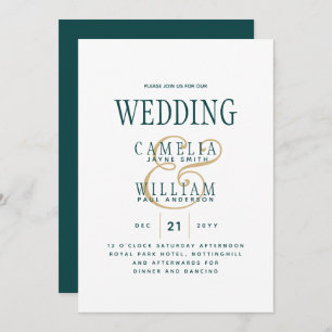 Peacock TEAL Green Gold Monochrome Wedding Invitation