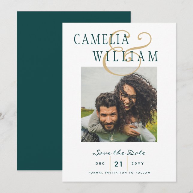 Peacock Teal Green Gold PHOTO Save the Date Invitation (Front/Back)