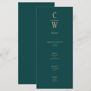 Peacock Teal Green Gold Wedding Monogrammed Menu