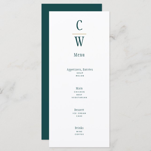 Peacock Teal Green Gold Wedding Monogrammed Menu (Front/Back)