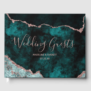 Peacock Teal Green Rose Gold Agate Marble Wedding Guest Book