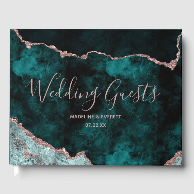 Peacock Teal Green Rose Gold Agate Marble Wedding Guest Book (Front)