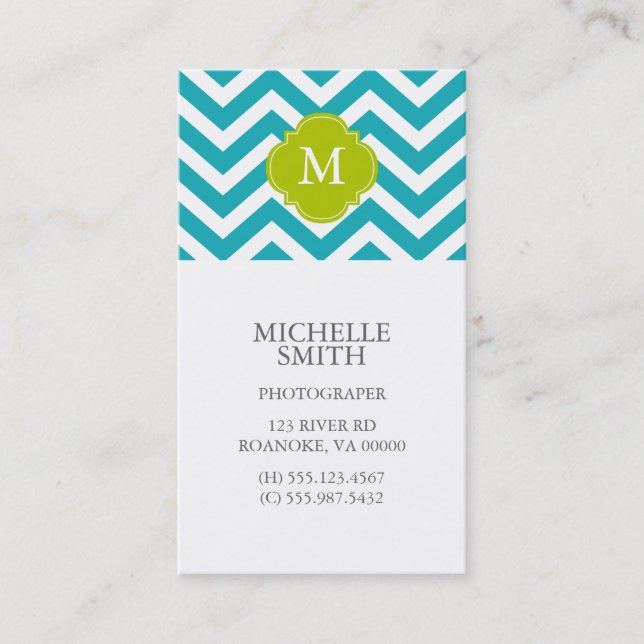 Peacock Teal & Green Zigzags Pattern Monogram Business Card (Front)
