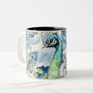 Peacock Teal & Sage Feathers Floral Damask Two-Tone Coffee Mug