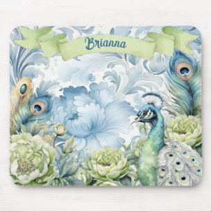 Peacock Teal & Sage Feathers Floral Personalised Mouse Pad