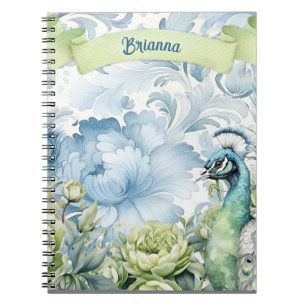 Peacock Teal & Sage Feathers Floral Personalised Notebook