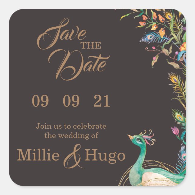 Peacock Them Wedding invitation  Square Sticker (Front)