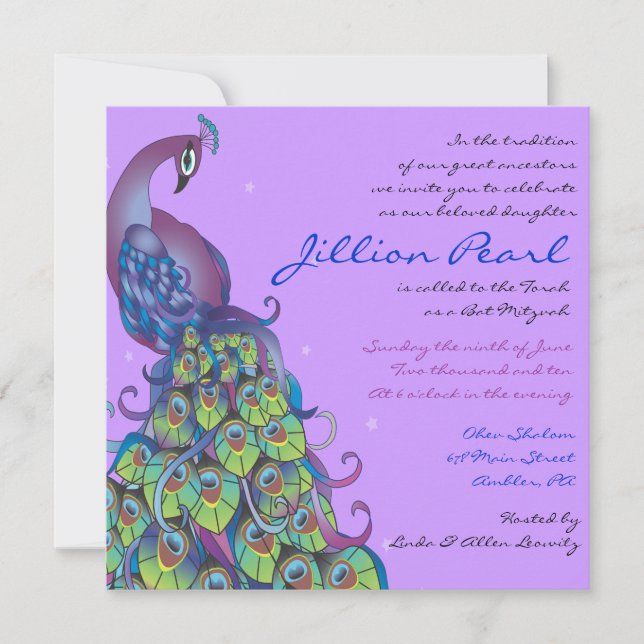 Peacock Theme Bat Mitzvah Invitation Invite Violet (Front)