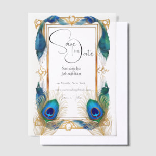 Peacock theme border feathers elegant overlay vellum invitations