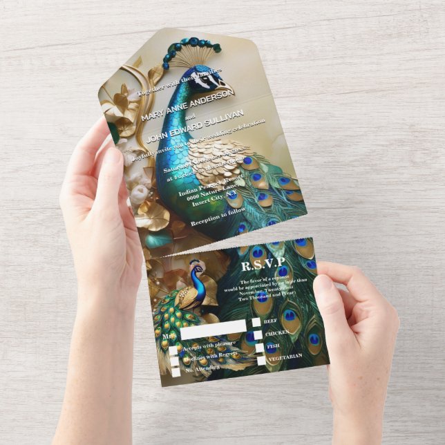 Peacock theme luxury 3D peafowl bird wedding All In One Invitation (Tearaway)