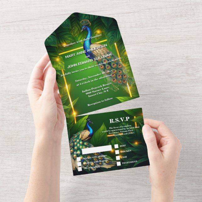 Peacock theme luxury 3D peafowl emerald gold blue All In One Invitation (Tearaway)
