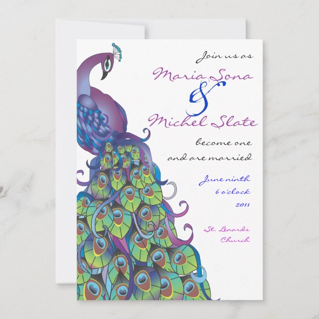 Peacock Theme Wedding Invitation Invite Blue (Front)