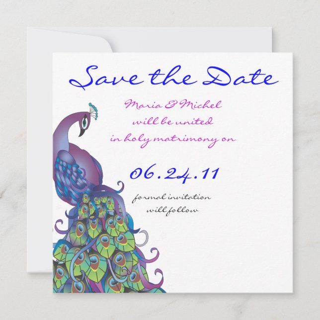 Peacock Theme Wedding Invitation Save the Date (Front)