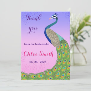 Peacock-themed pink and blue bridal shower thank you card