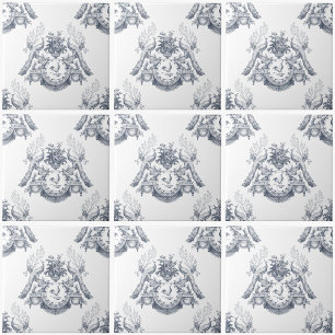 Peacock Toile French Blue Vintage Rabbit N Rooster Ceramic Tile